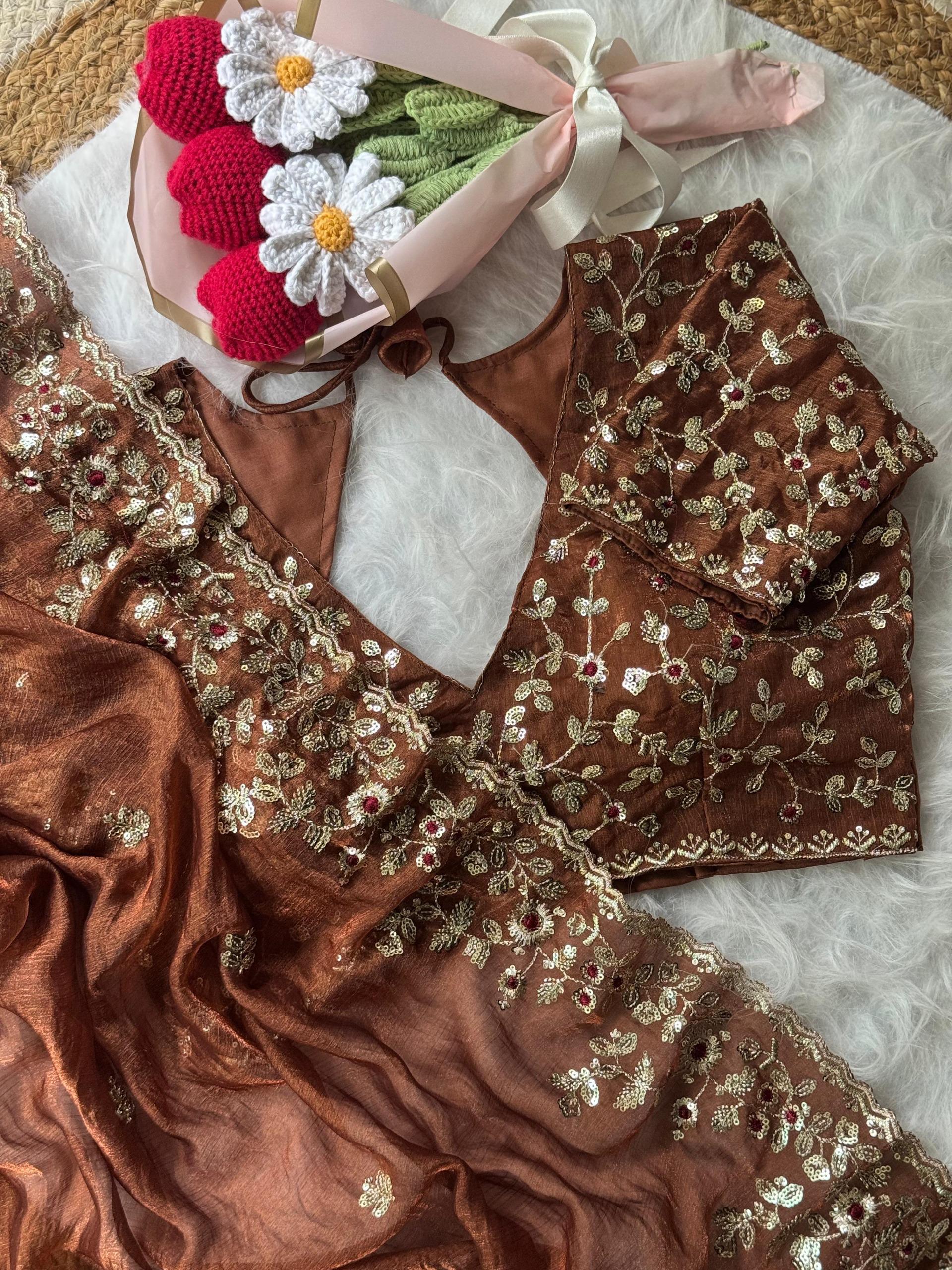 Unique Brown fendy chiffon silk sarees