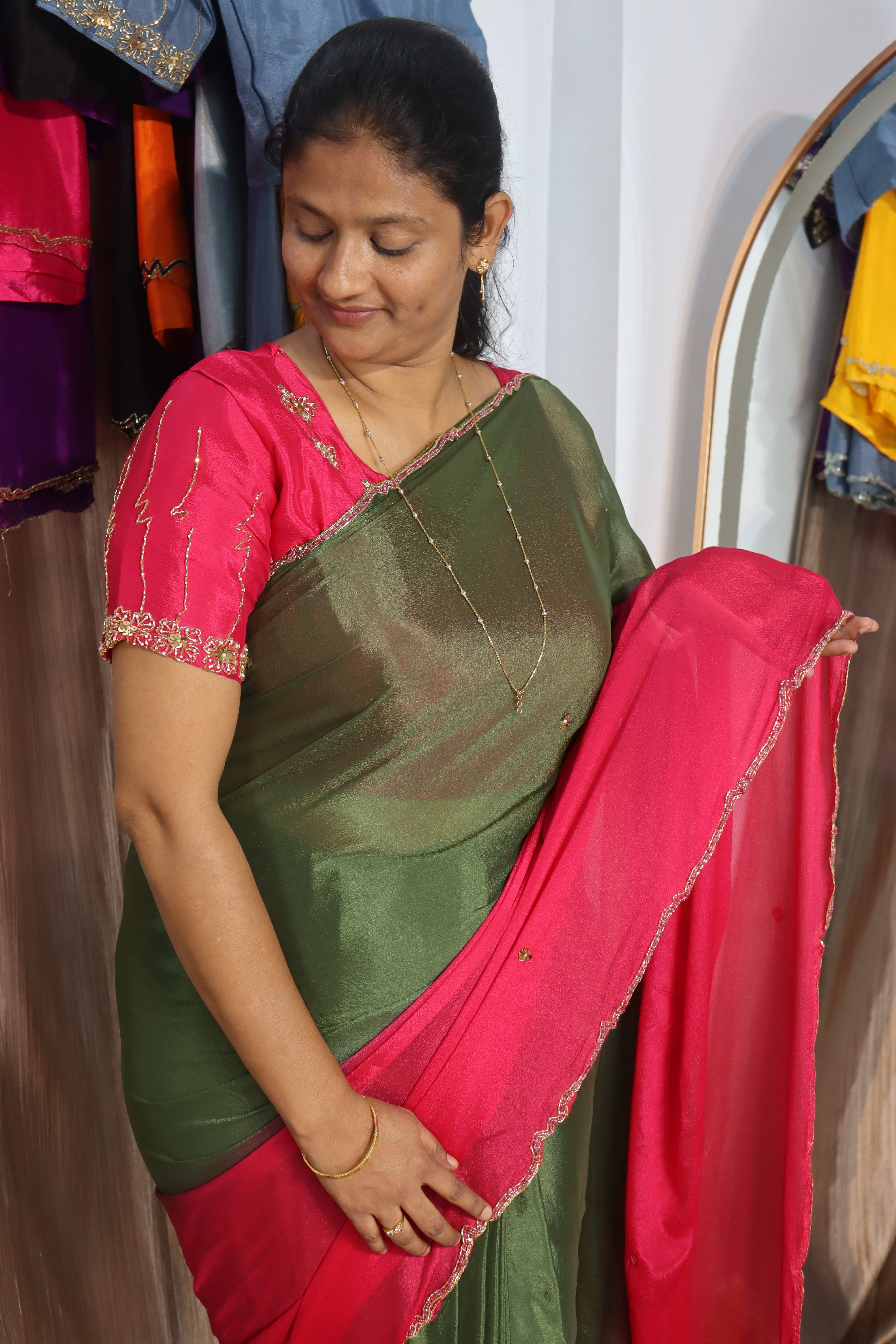 Trendy Beauty Chinnon Sarees with Maggam work