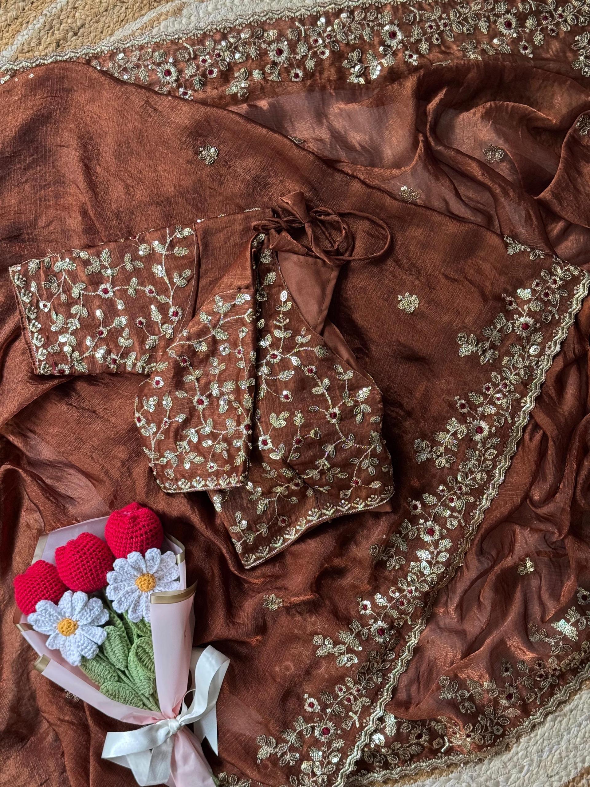 Unique Brown fendy chiffon silk sarees