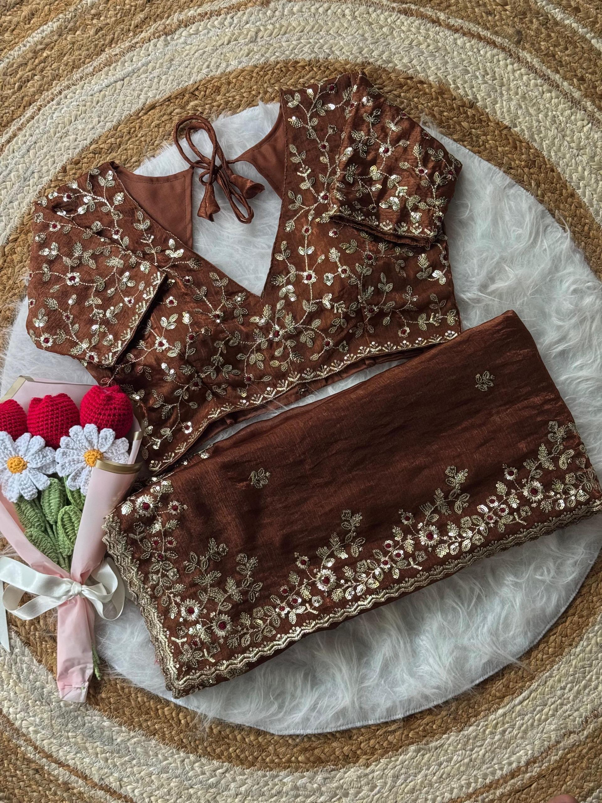 Unique Brown fendy chiffon silk sarees