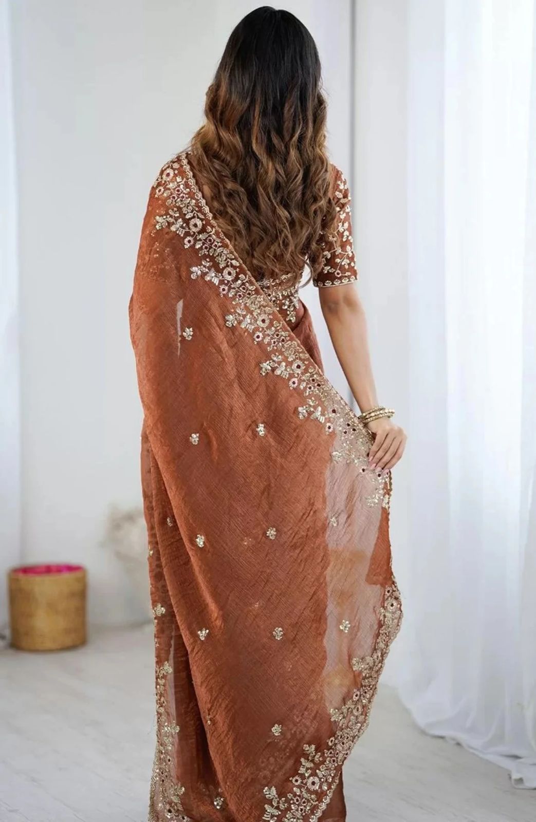 Unique Brown fendy chiffon silk sarees
