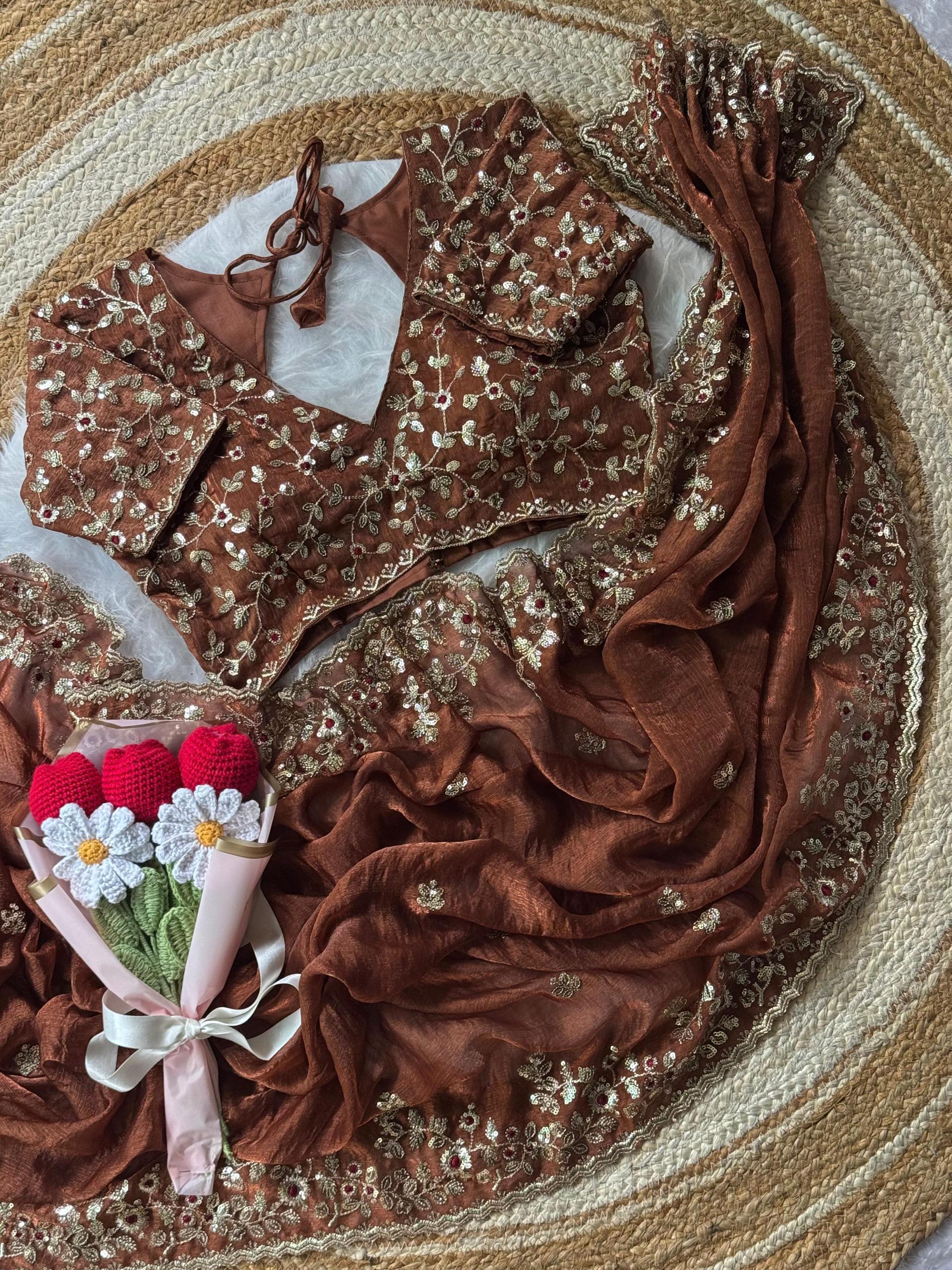 Unique Brown fendy chiffon silk sarees