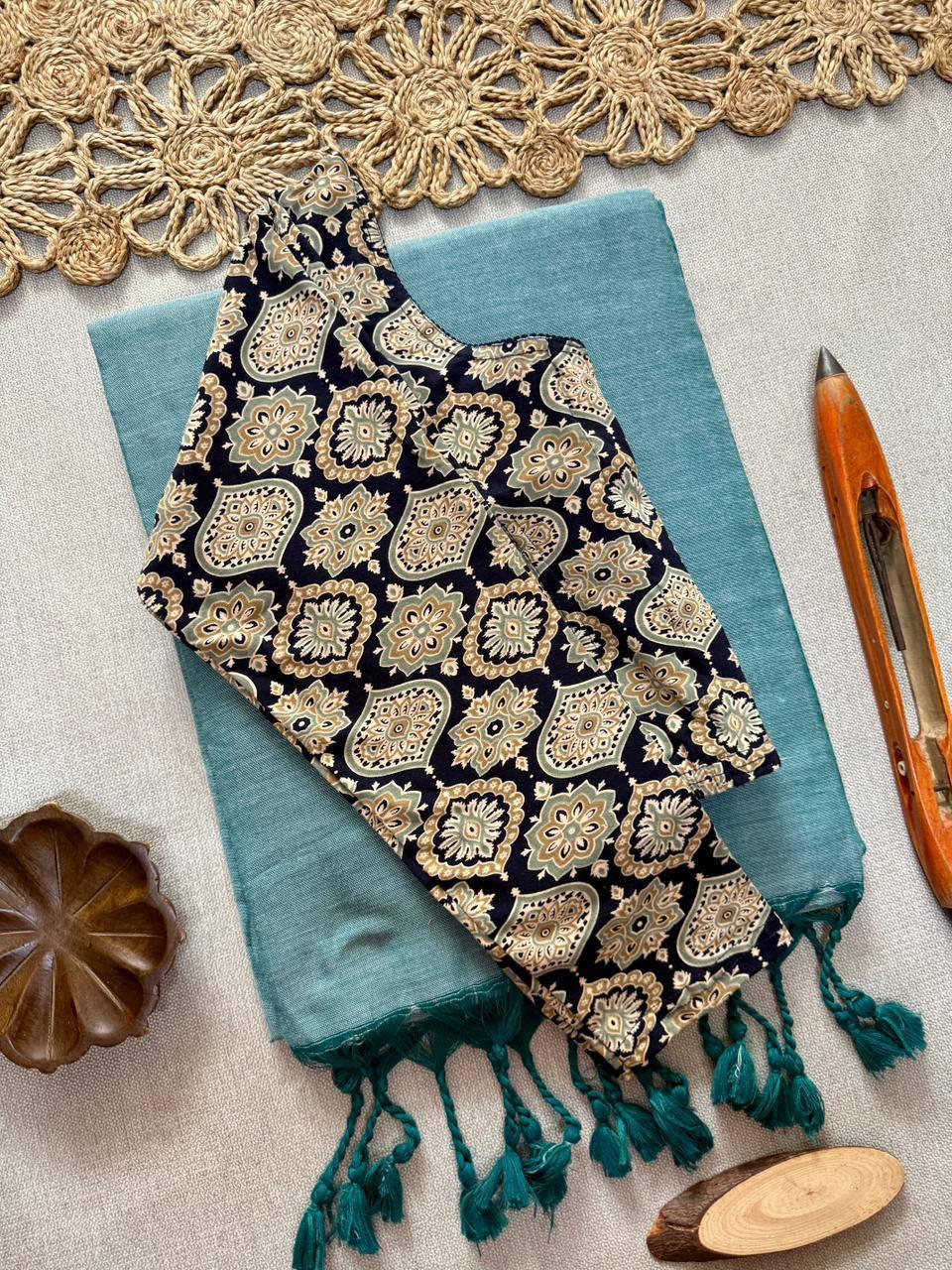 AJRAK stretchable blouse with khadi cotton saree