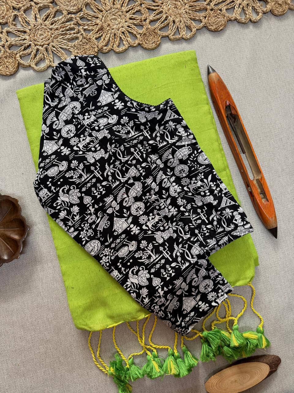 AJRAK stretchable blouse with khadi cotton saree