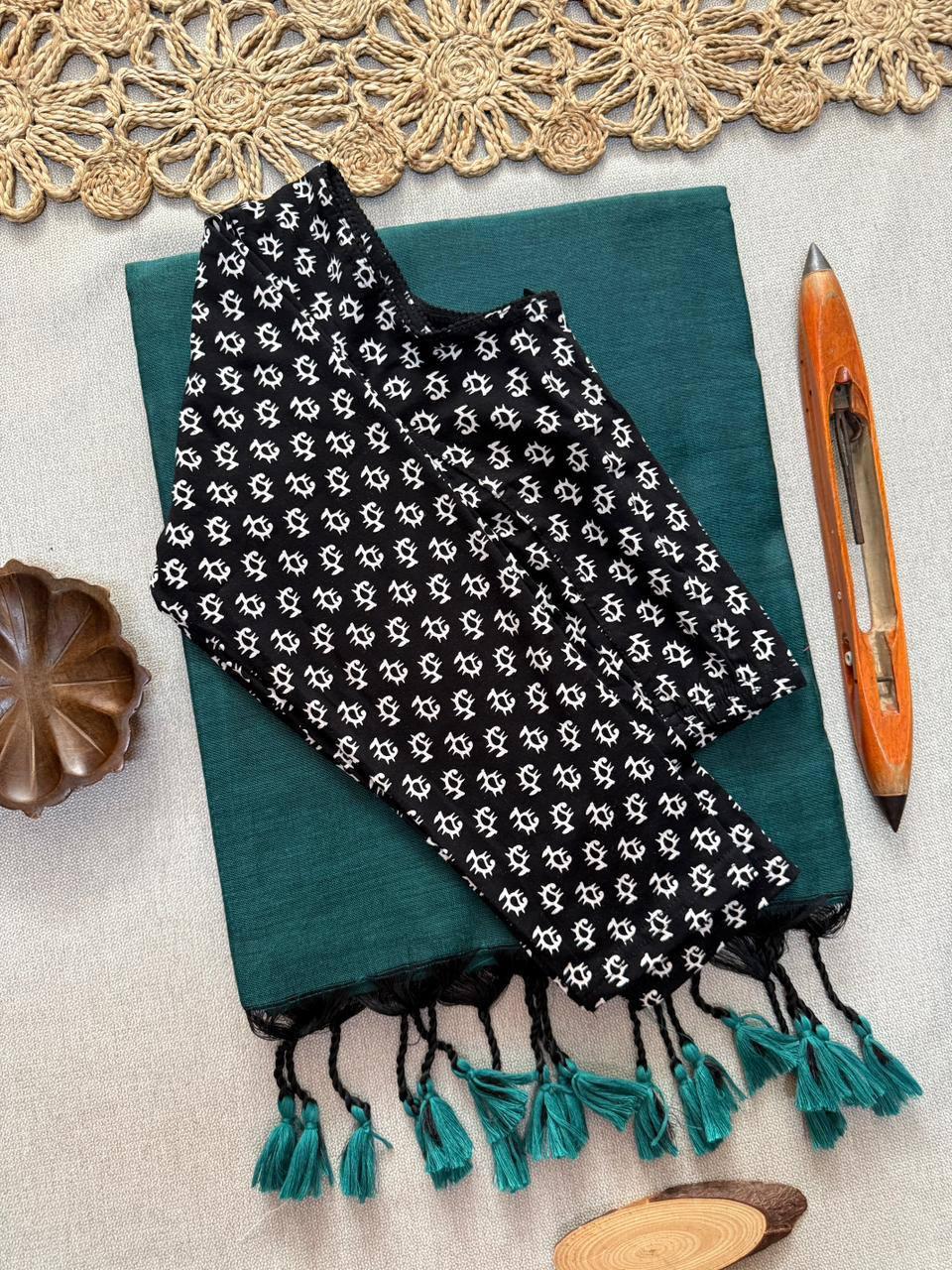 AJRAK stretchable blouse with khadi cotton saree