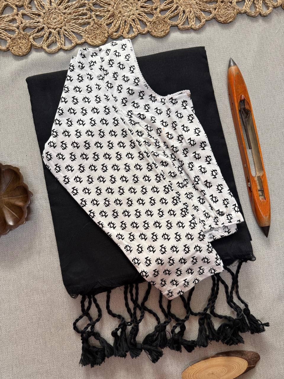 AJRAK stretchable blouse with khadi cotton saree