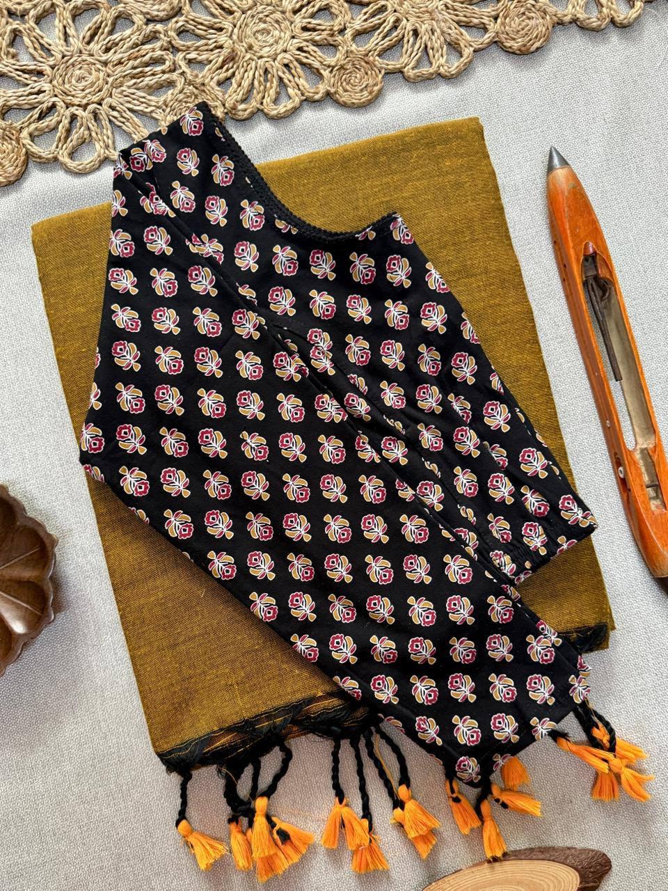 AJRAK stretchable blouse with khadi cotton saree