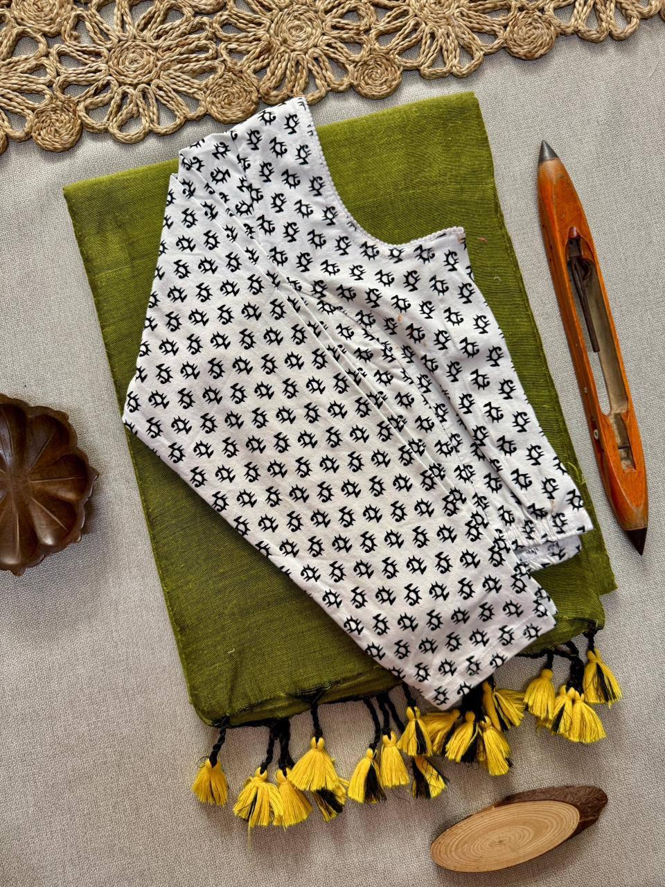AJRAK stretchable blouse with khadi cotton saree
