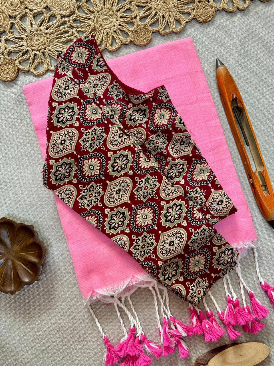 AJRAK stretchable blouse with khadi cotton saree