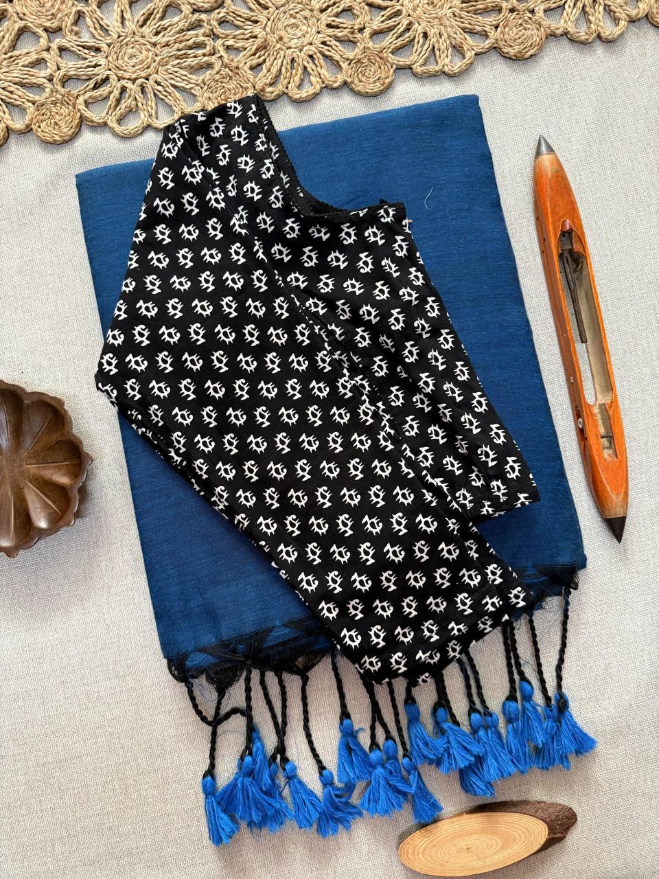 AJRAK stretchable blouse with khadi cotton saree