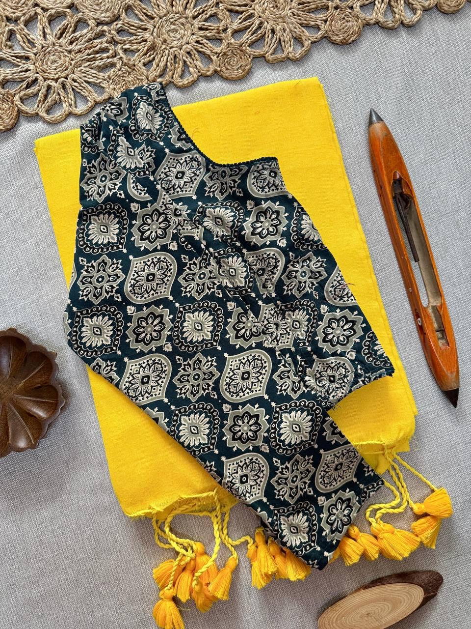 AJRAK stretchable blouse with khadi cotton saree