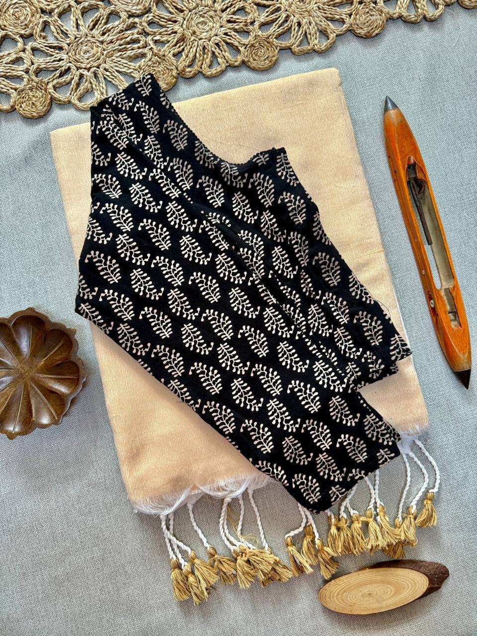 AJRAK stretchable blouse with khadi cotton saree