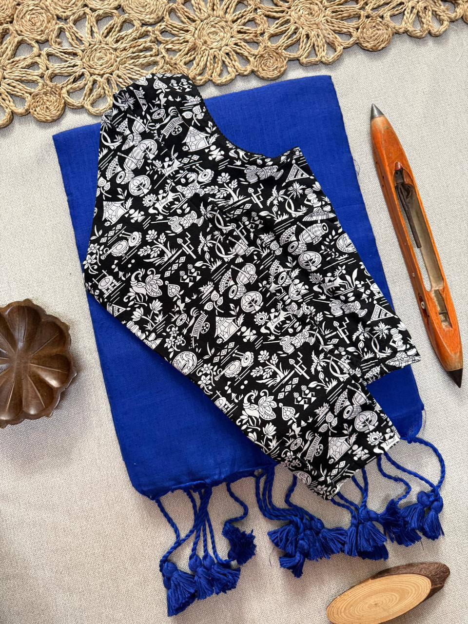 AJRAK stretchable blouse with khadi cotton saree