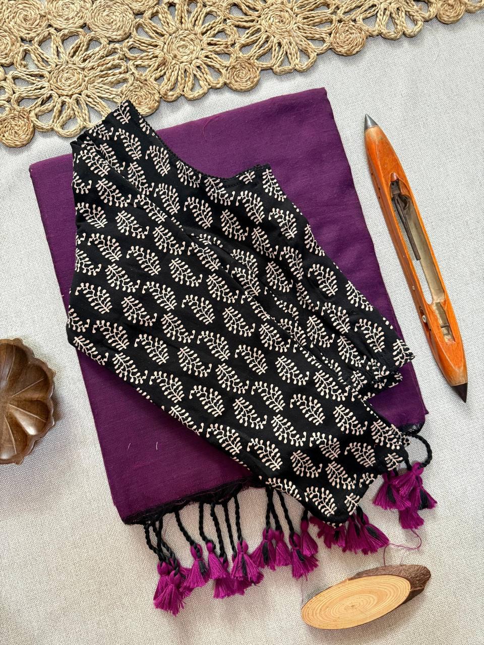 AJRAK stretchable blouse with khadi cotton saree