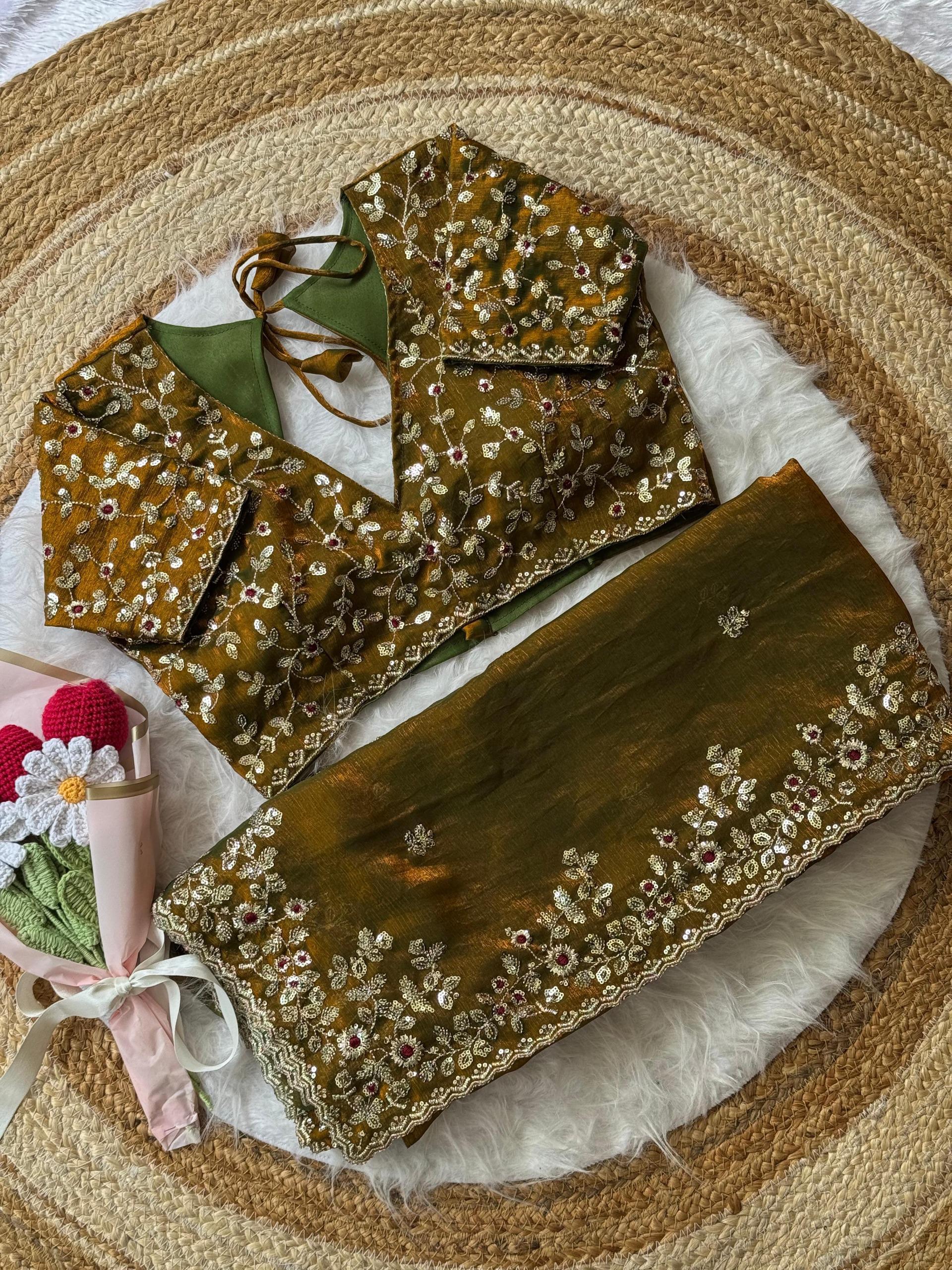 Unique Brown fendy chiffon silk sarees