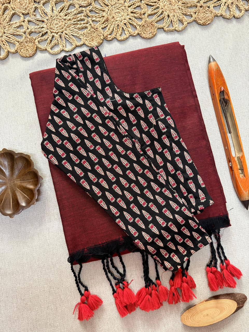 AJRAK stretchable blouse with khadi cotton saree