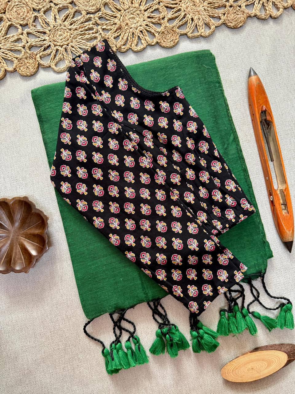 AJRAK stretchable blouse with khadi cotton saree
