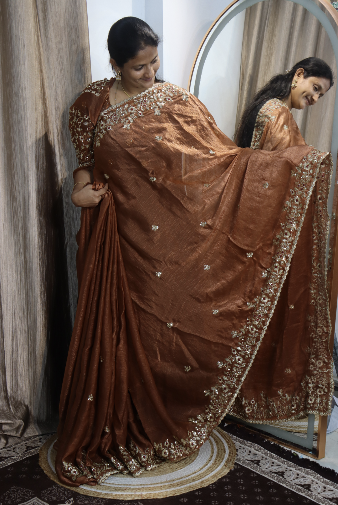 Unique Brown fendy chiffon silk sarees