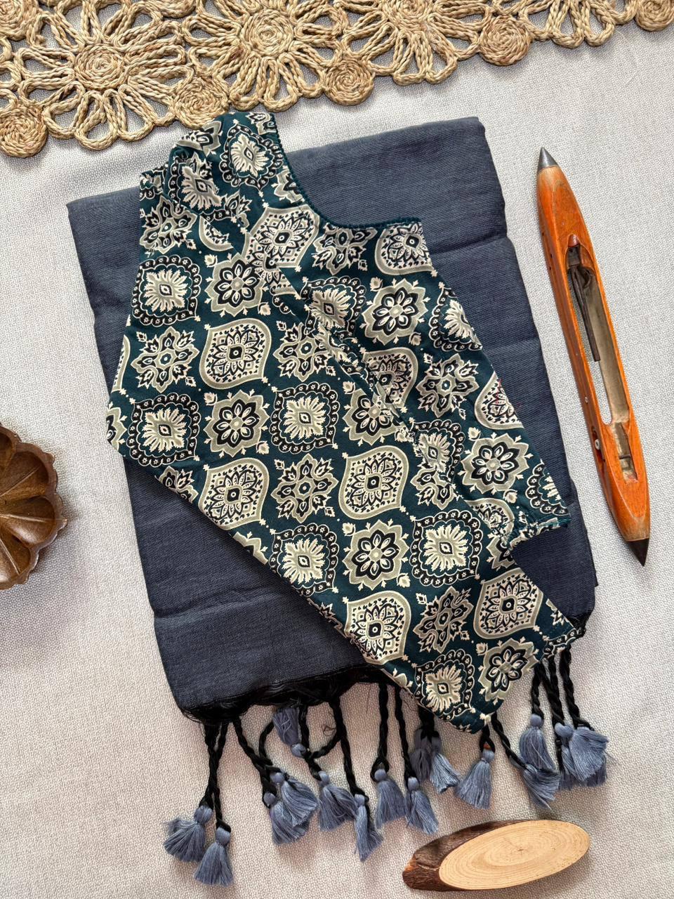 AJRAK stretchable blouse with khadi cotton saree