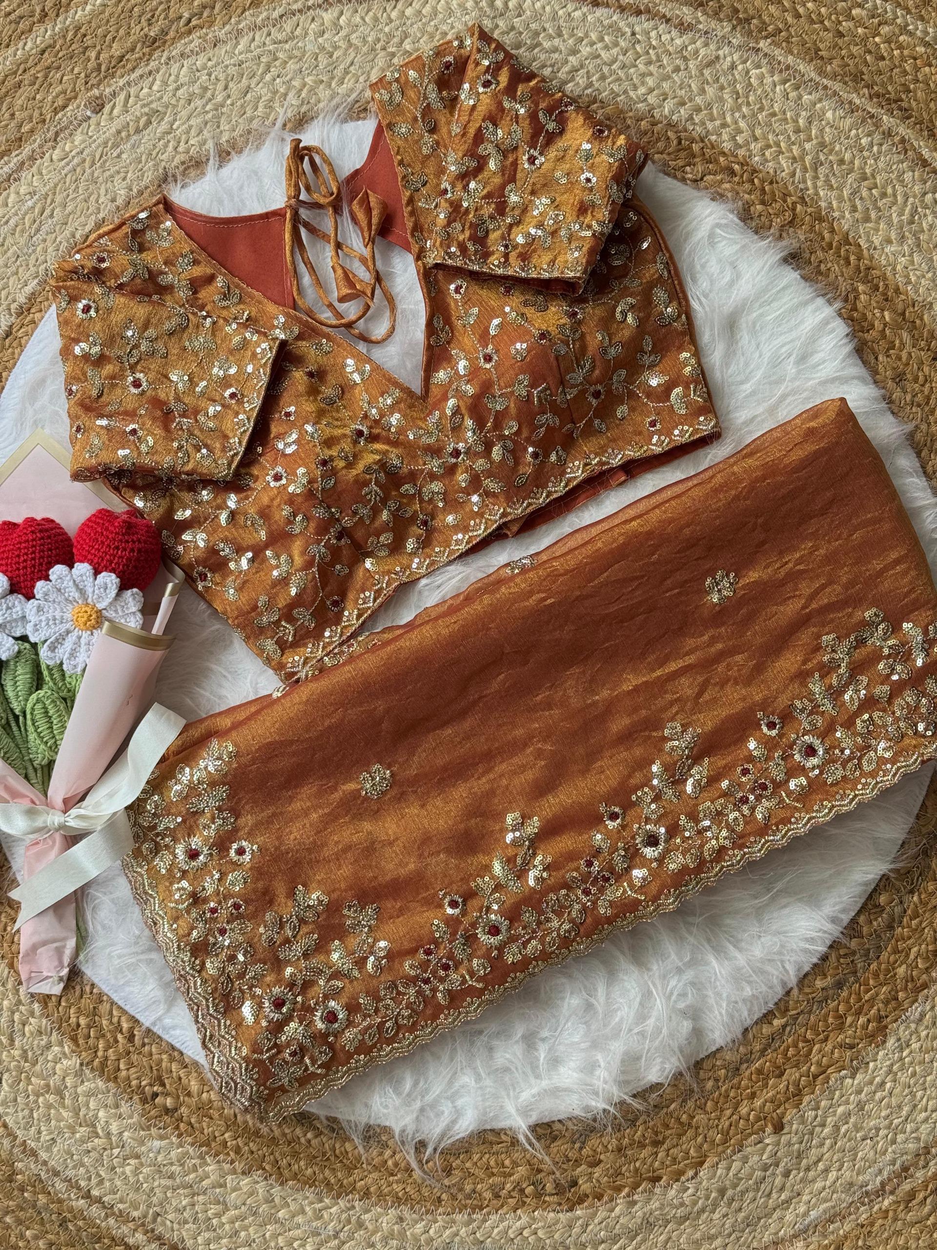 Unique Brown fendy chiffon silk sarees
