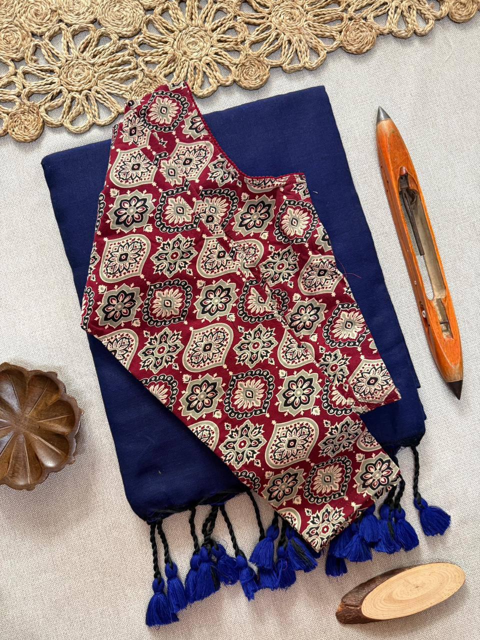 AJRAK stretchable blouse with khadi cotton saree